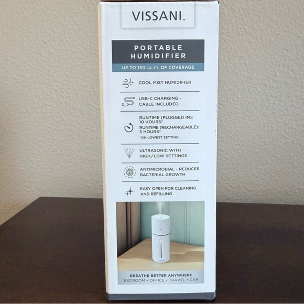 NWB Vissani portable humidifier 150 sq. ft. Coverage 10 hr run time USB charge